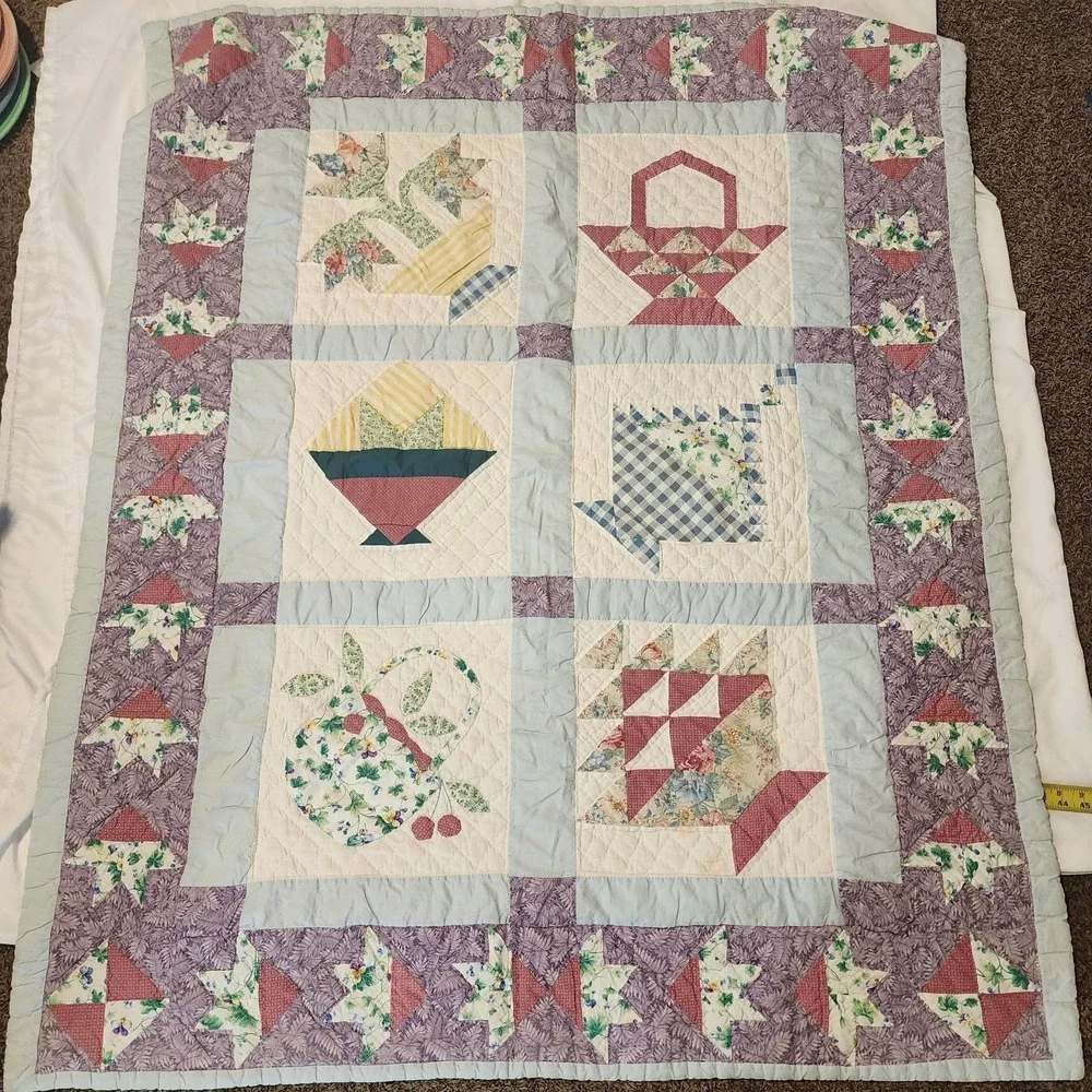 Vintage‎ Quilted Patchwork Baskets, Flowers, Purple, Blue 56x46. See Photos!!